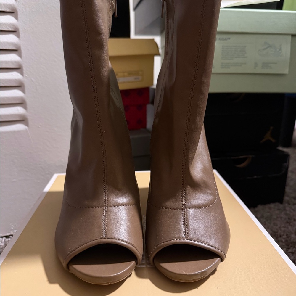 Wild Diva Brown Peep-Toe Mid-Calf Ankle Boots